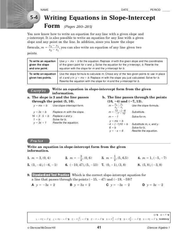 glencoe algebra 1 chapter 7 test form 2c answer key