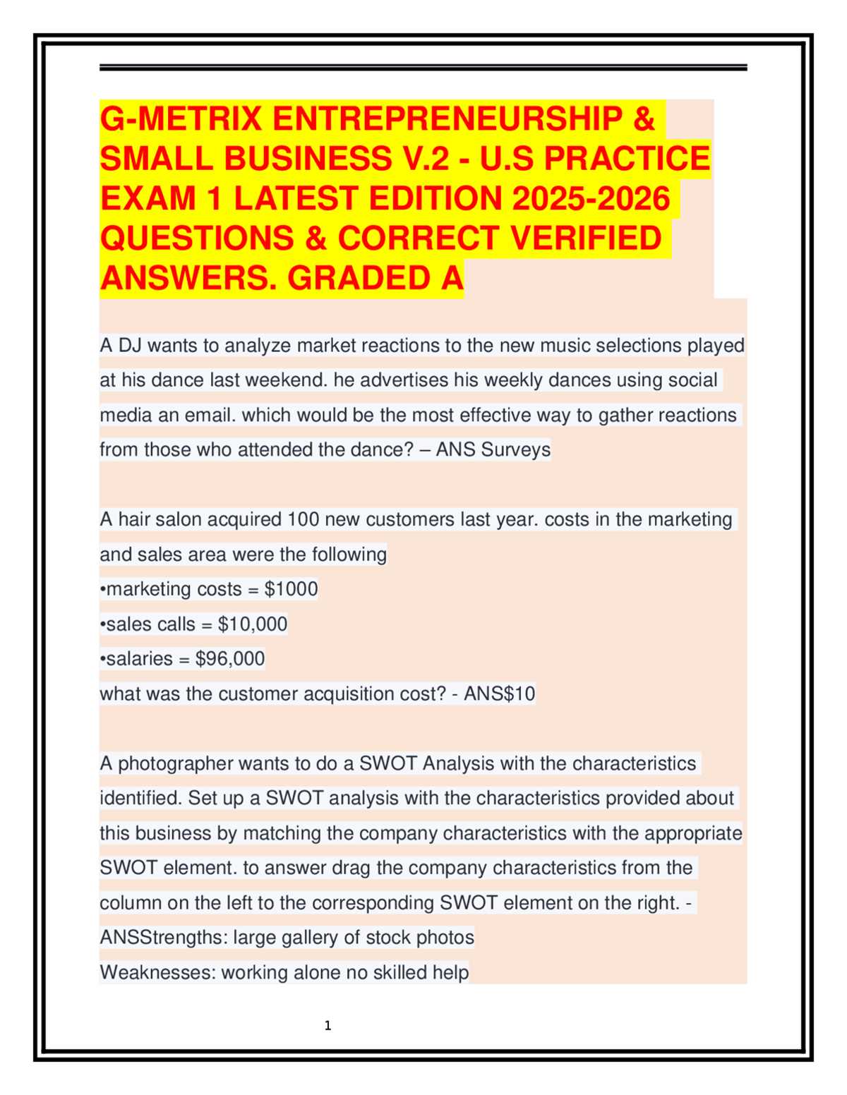 gmetrix entrepreneurship and small business test 1 answers