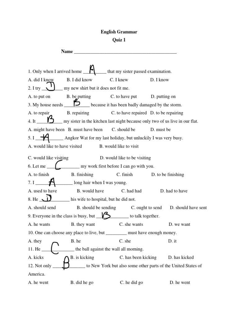 grammar test questions with answers
