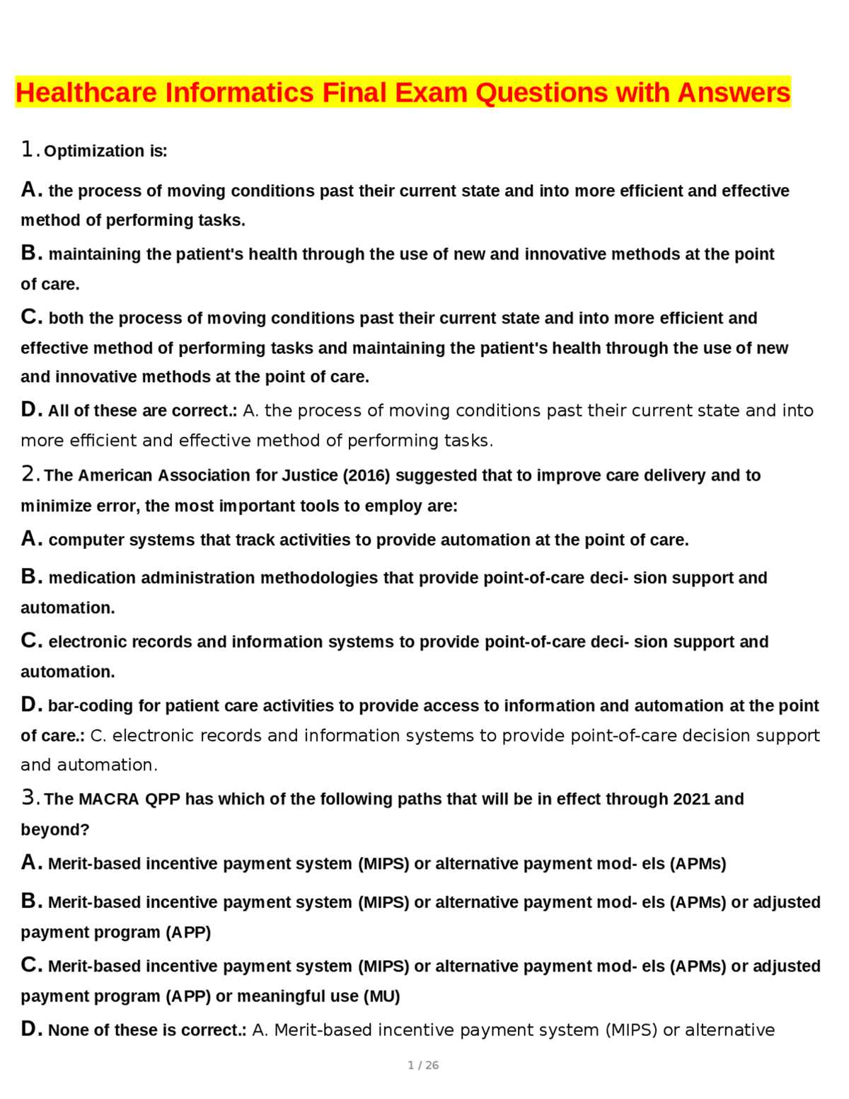health informatics exam questions and answers