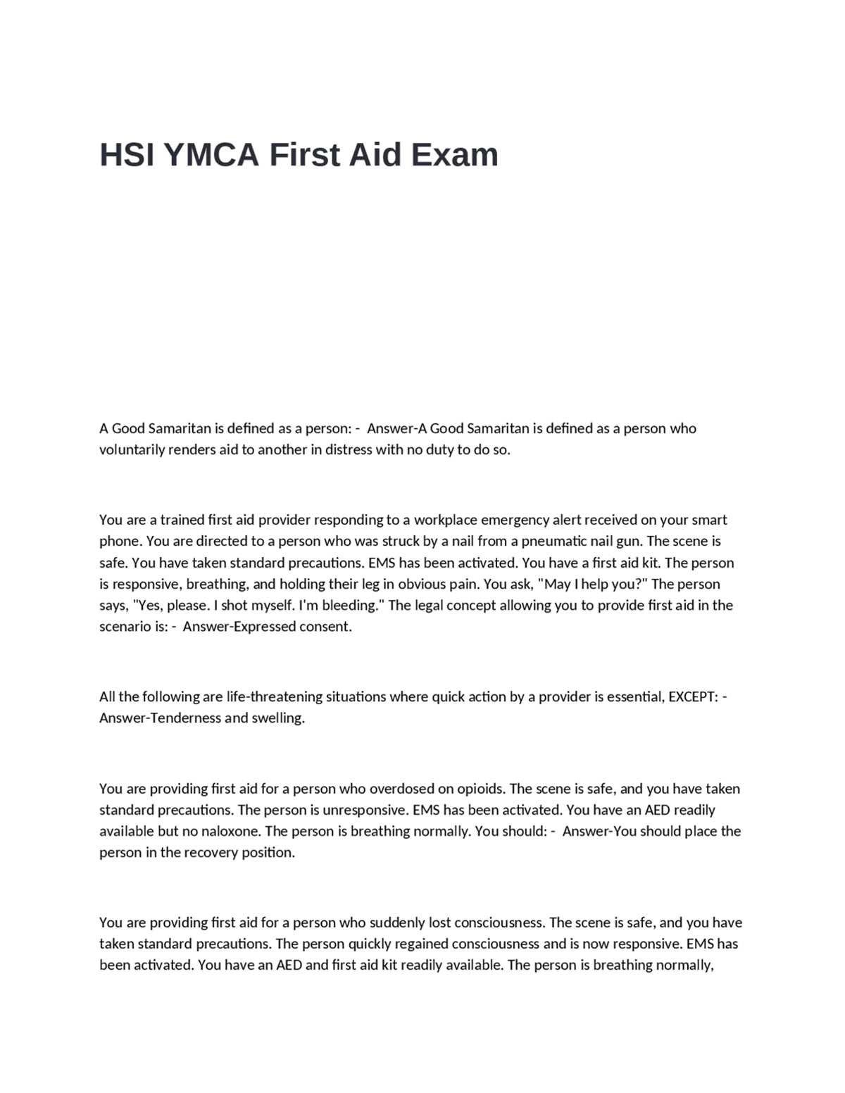 hsi adult first aid exam answers