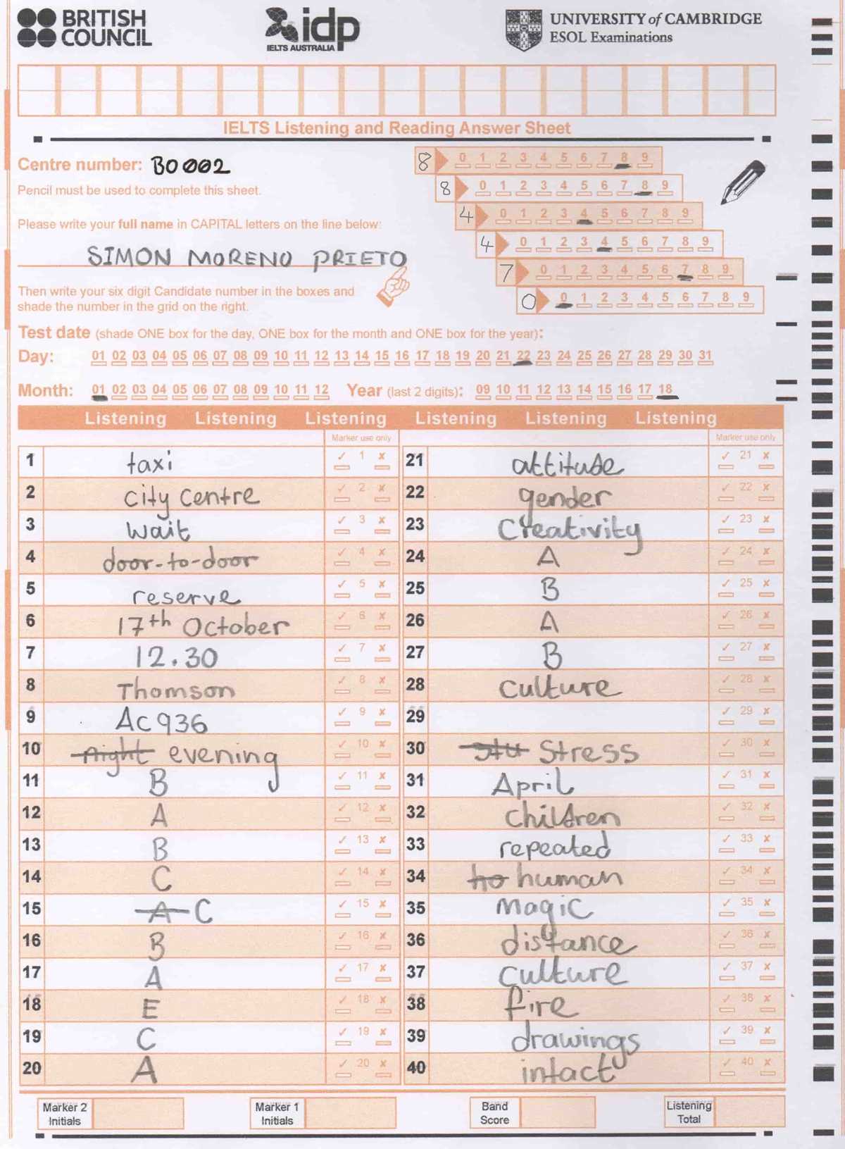 ielts listening test answer sheet