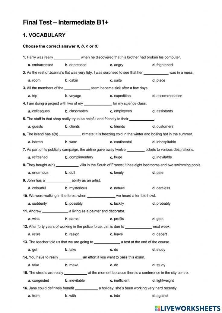 intermediate english grammar test with answers