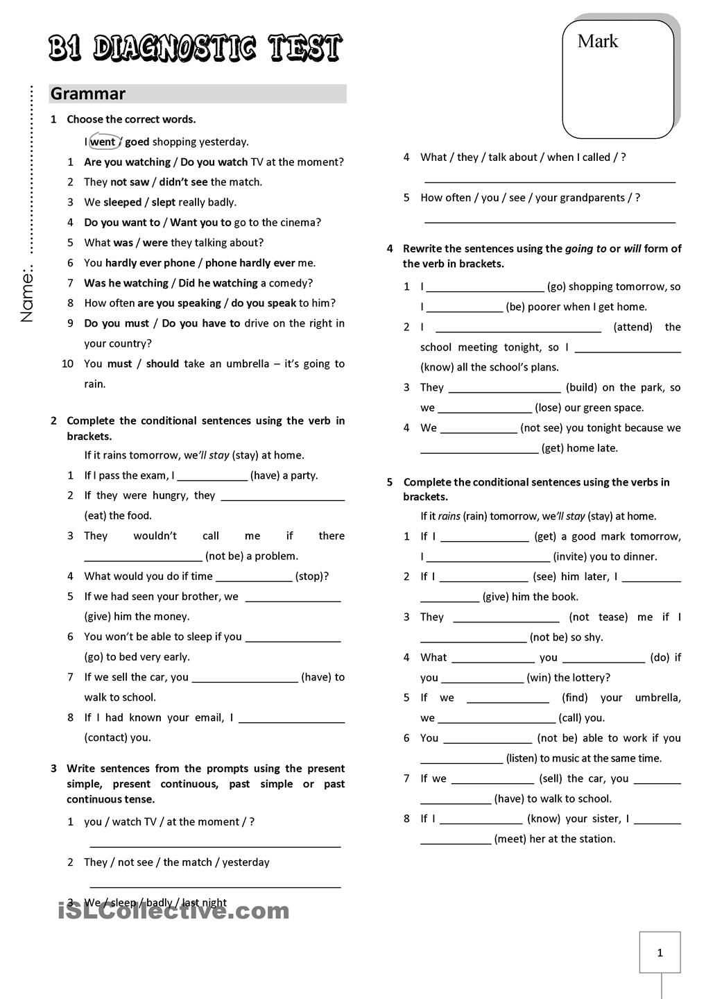 intermediate english test with answers