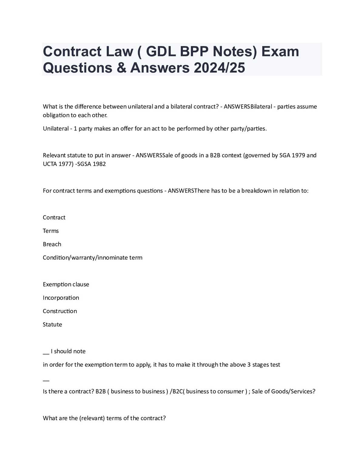 law of contract exam questions and answers