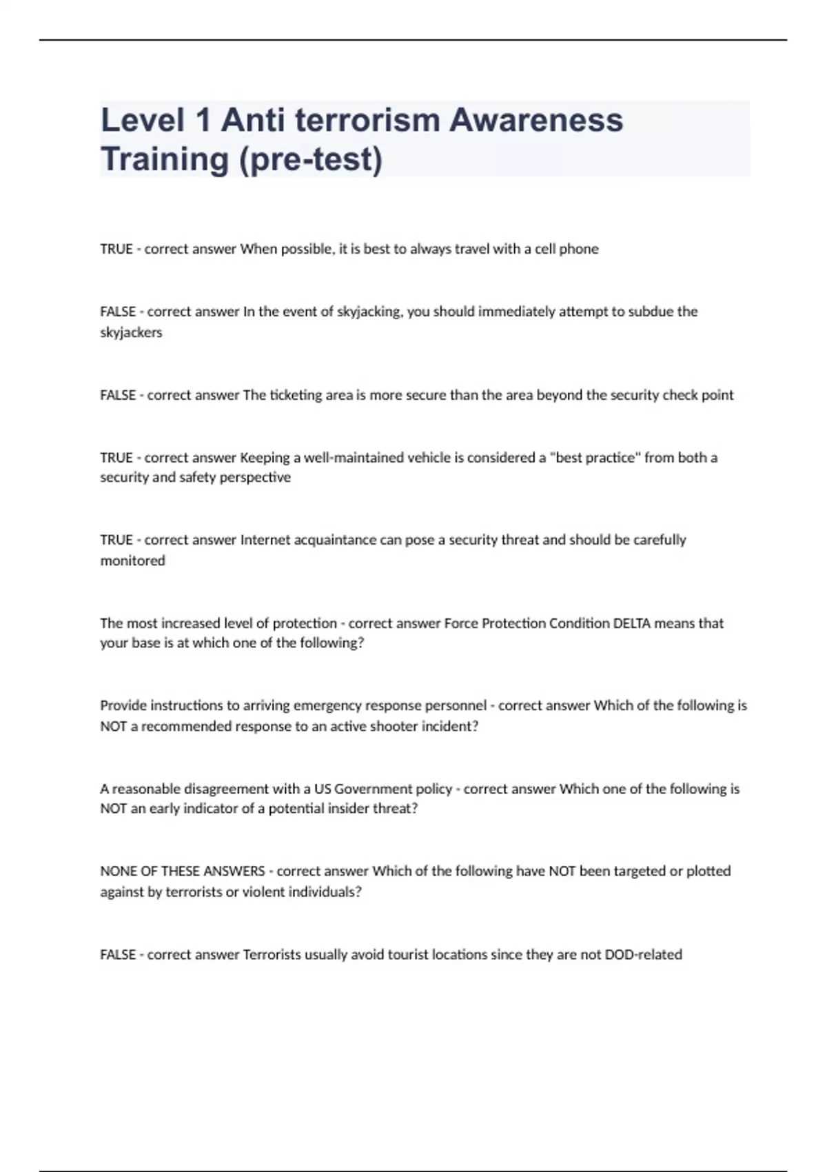 level i antiterrorism awareness training test answers level i antiterrorism awareness training test answers