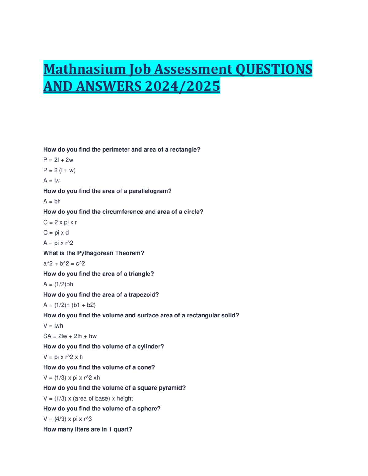 math test for interview with answers