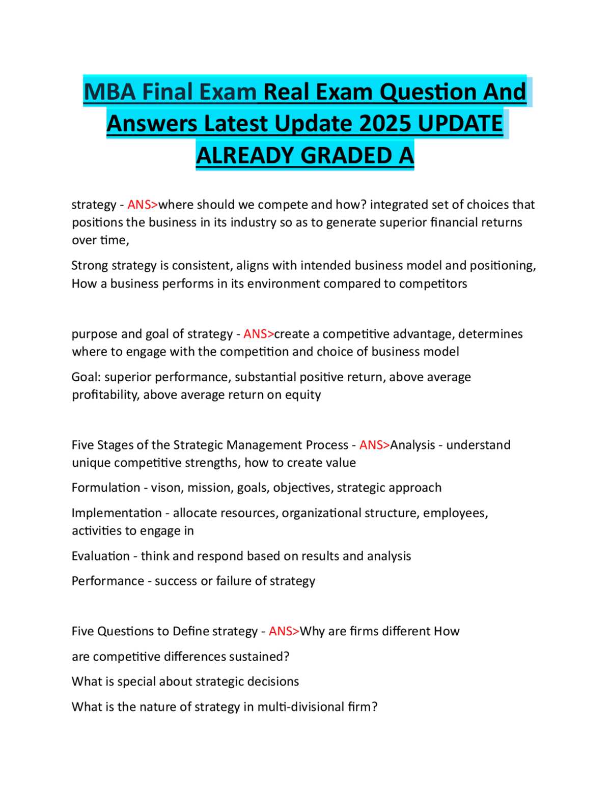 mba strategic management exam questions and answers