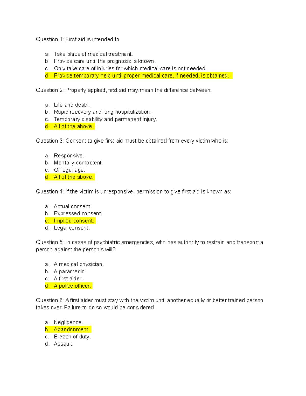 medic first aid test answers
