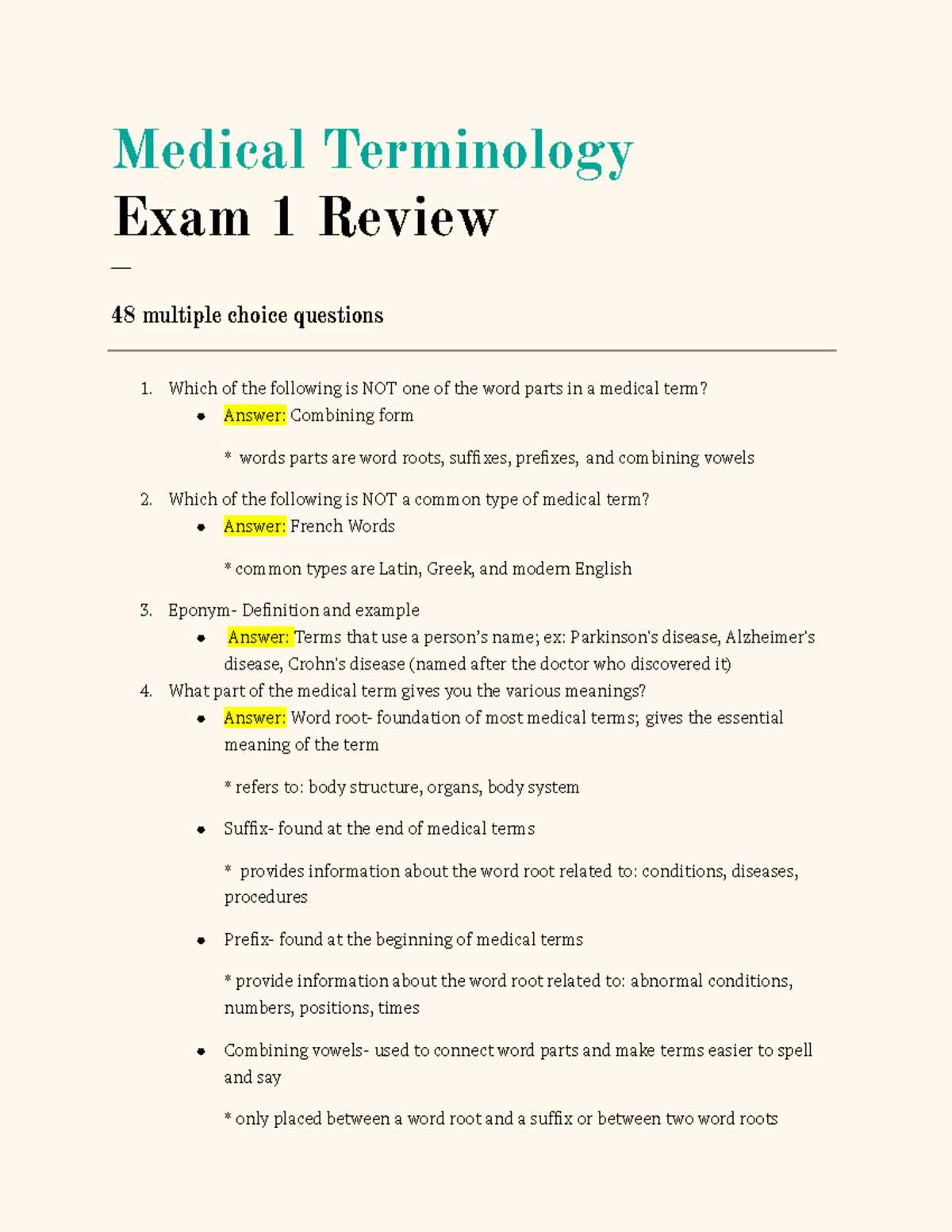medical terminology test answers