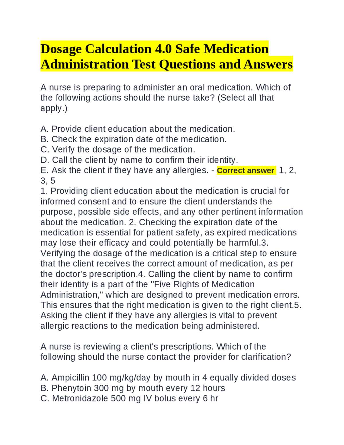 medication test answers