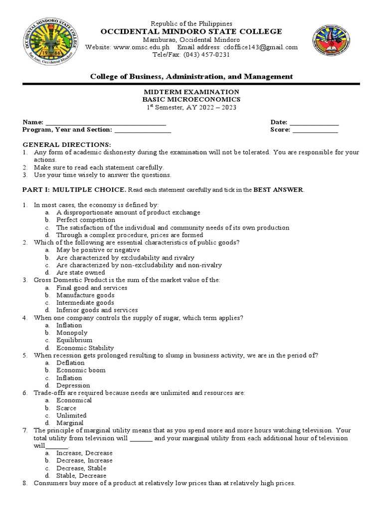 microeconomics practice test with answers