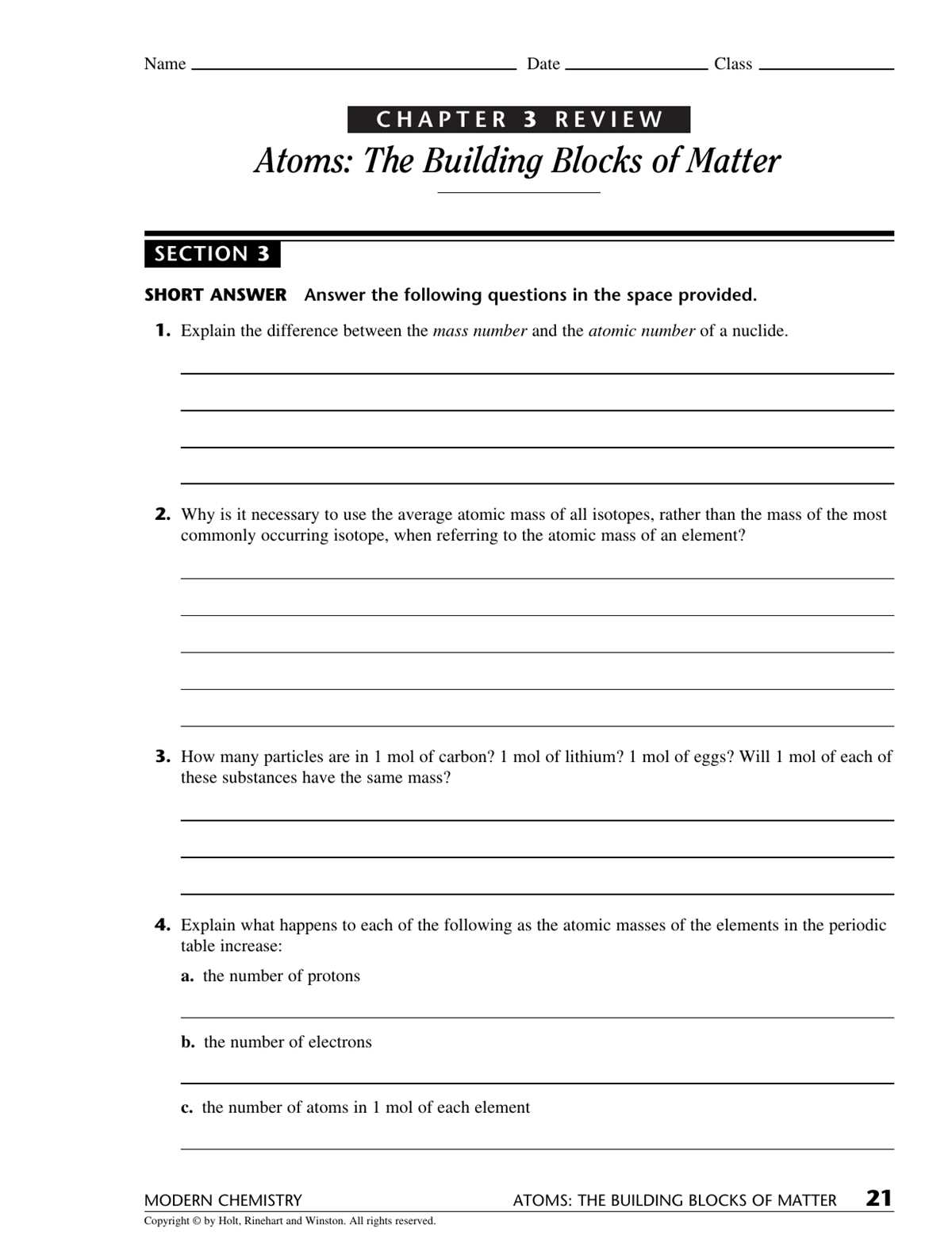 modern chemistry chapter 3 test answer key
