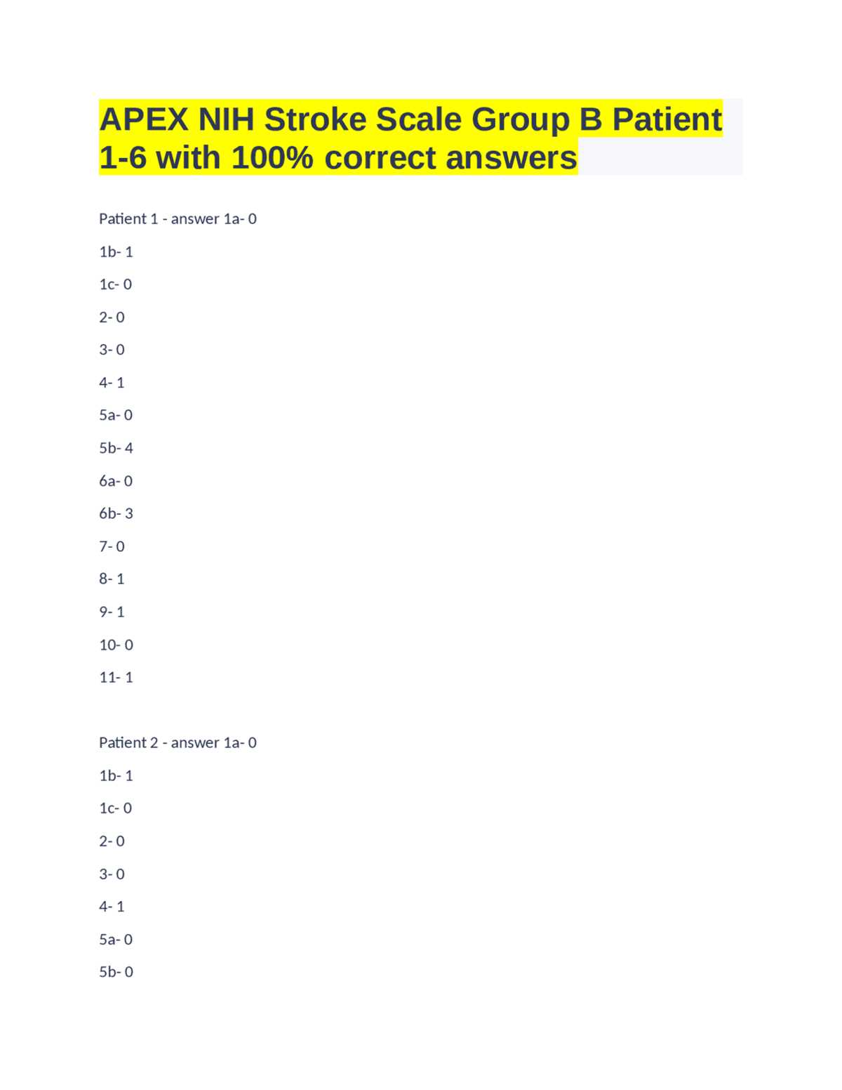 nih stroke scale answer key test b