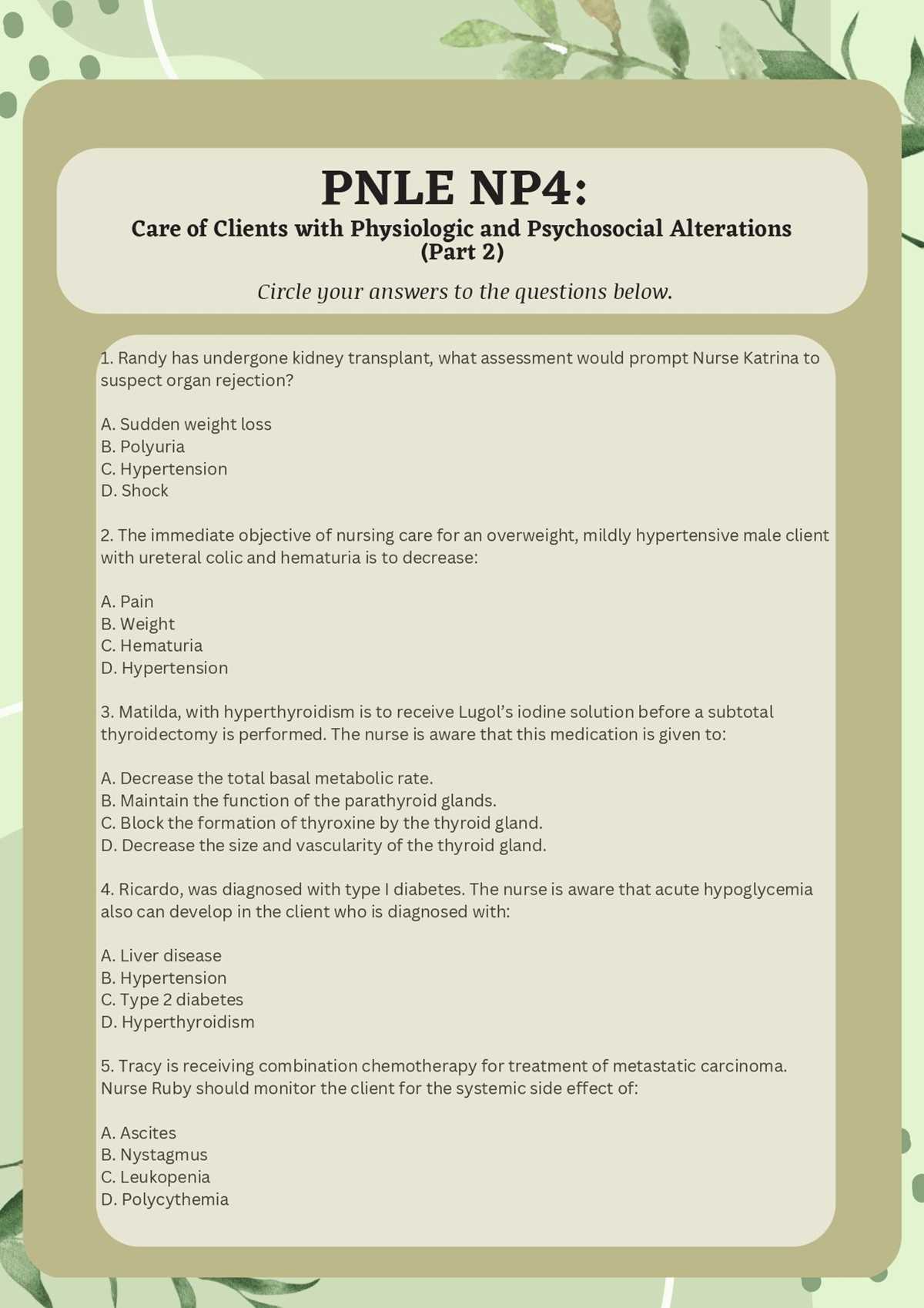 nursing board exam questions and answers