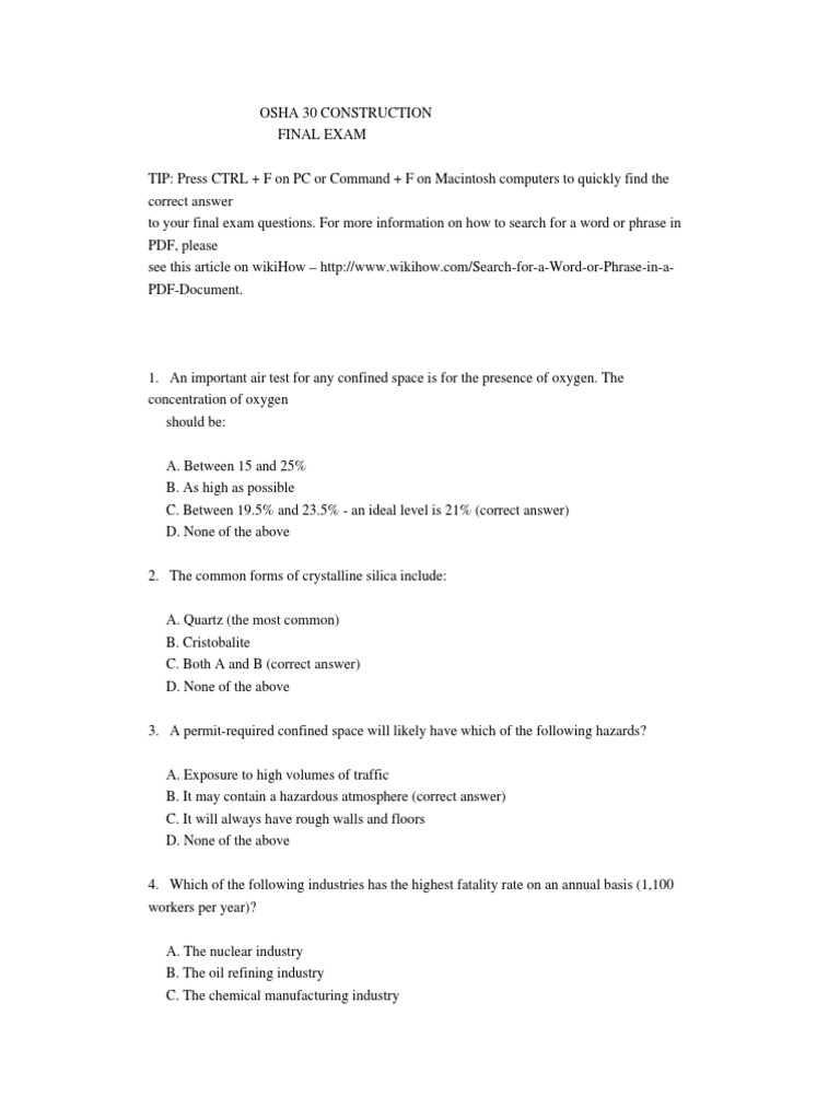 osha 30 construction final exam answer key 2026