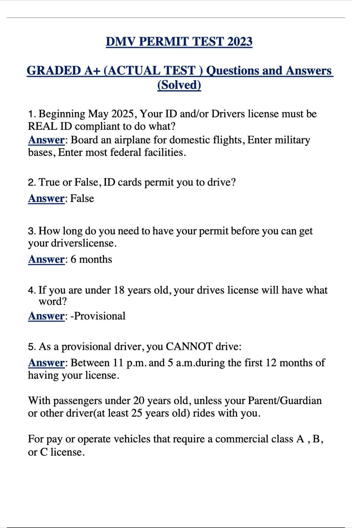 pa drivers license practice test answers
