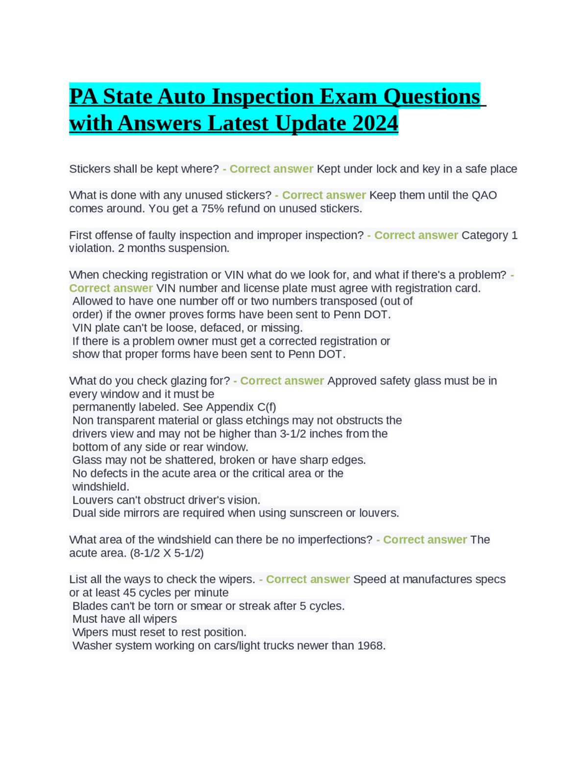 pa state inspection recertification test answers