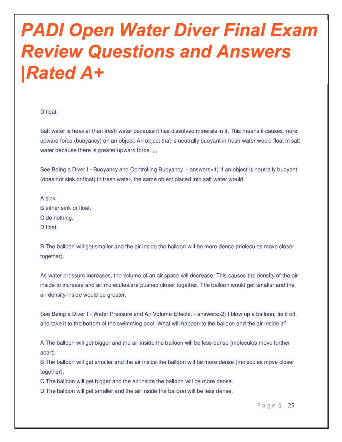 padi exam open water answer