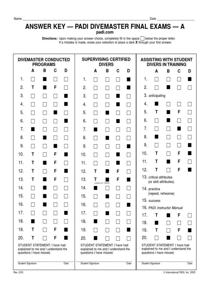 padi open water final exam answers