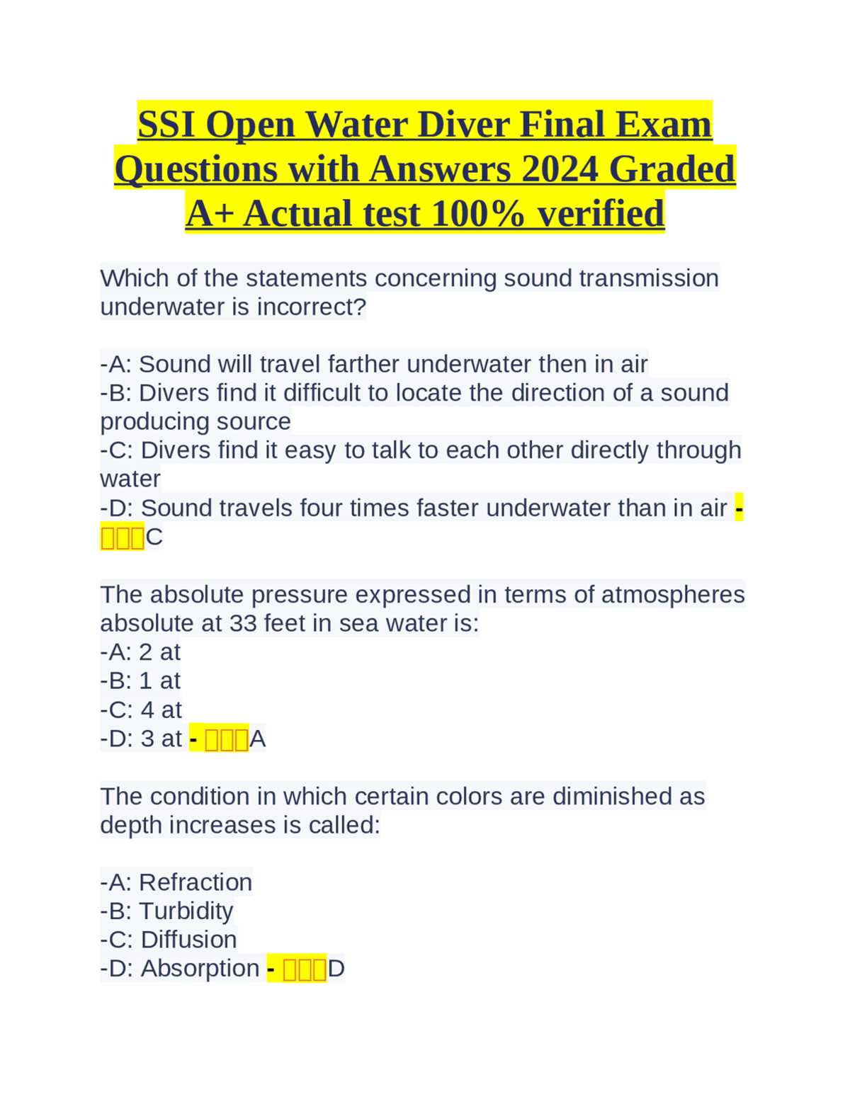 padi open water test answers