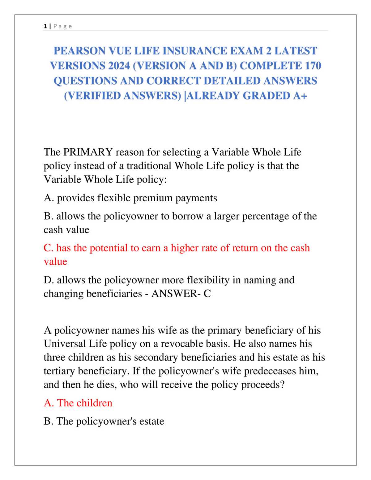 pearson exam answers