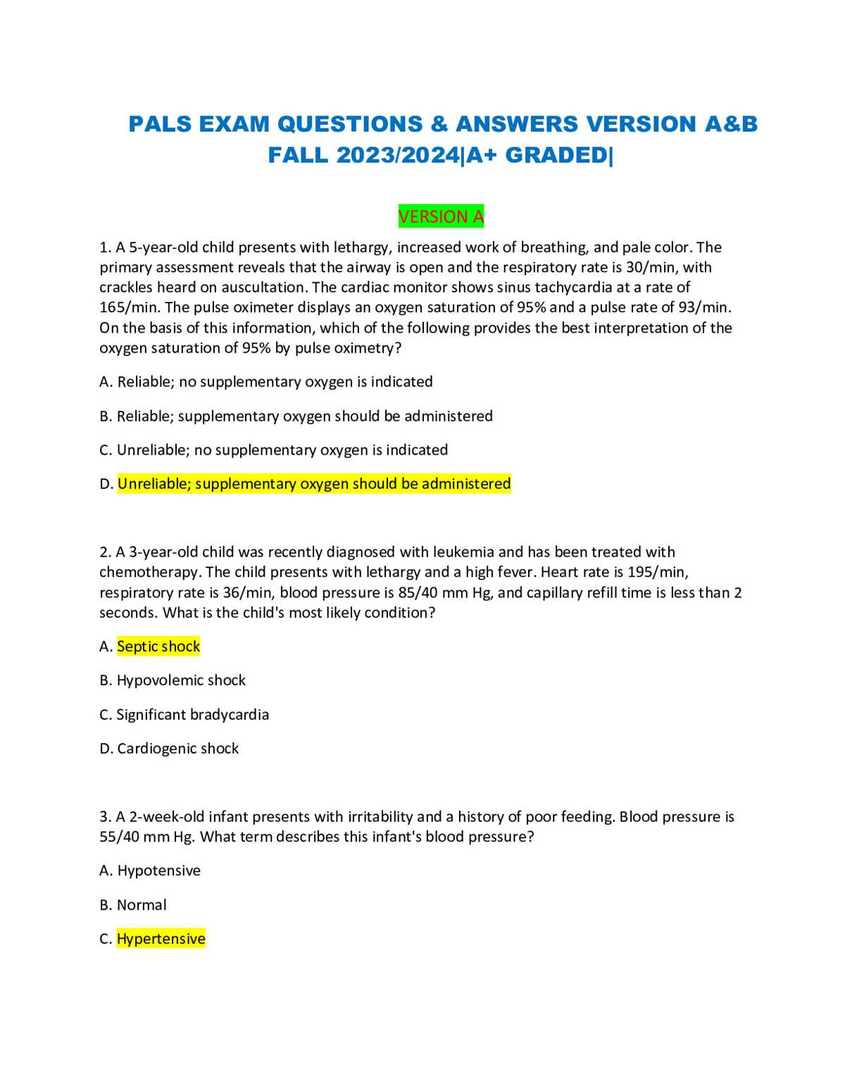 pediatric advanced life support test questions and answers