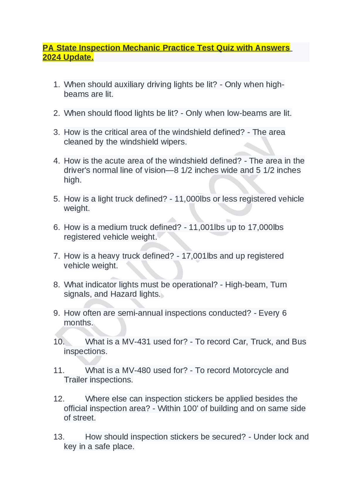 pennsylvania driving test questions and answers
