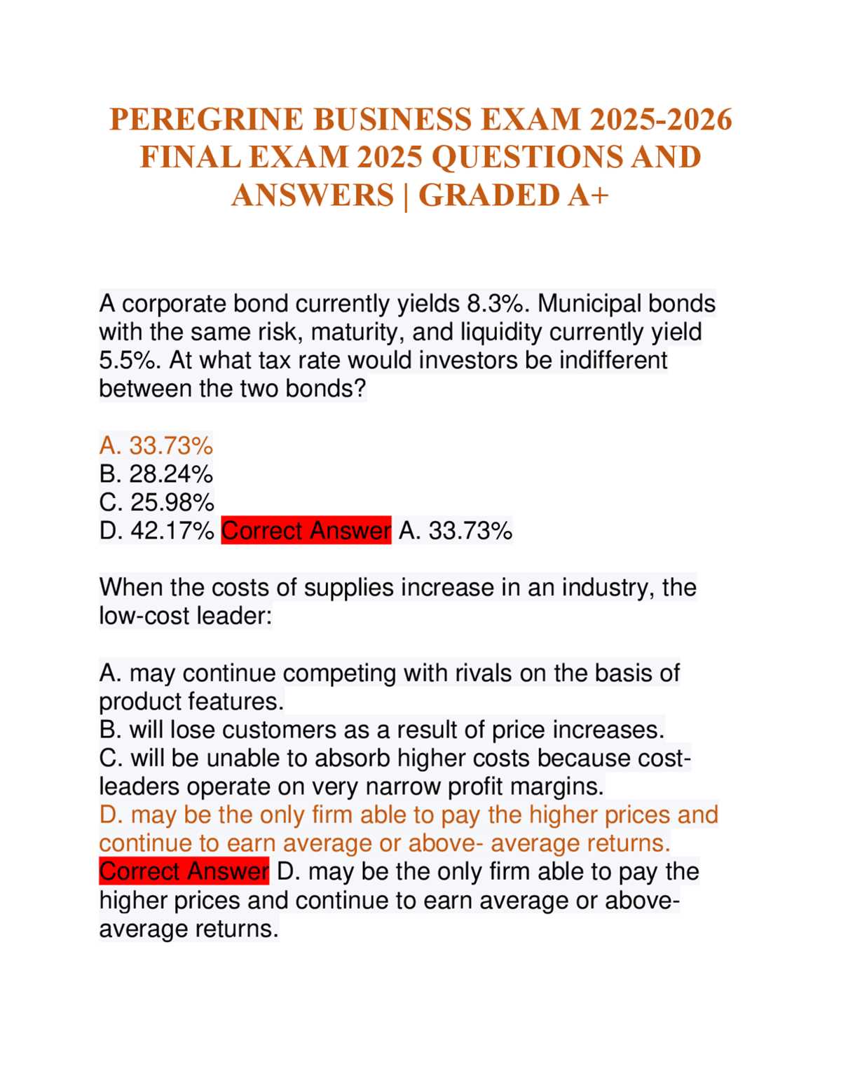 peregrine business exam answers