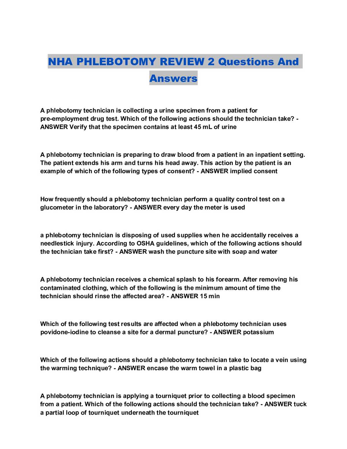 phlebotomy final exam answers