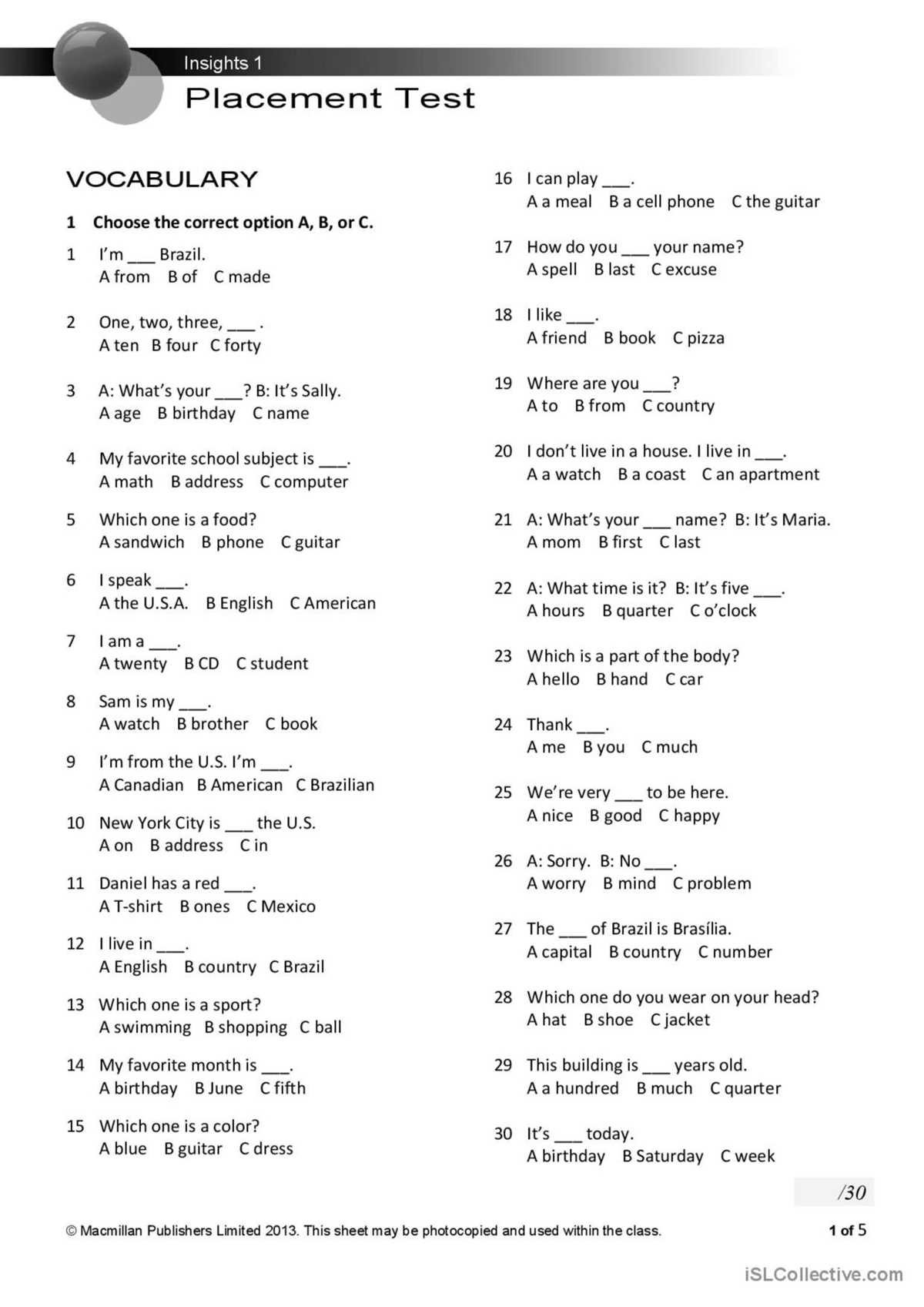 placement test with answers