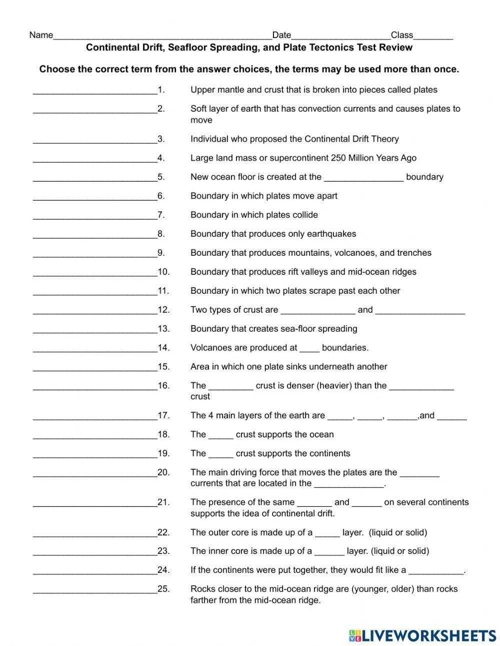plate tectonics test answer key
