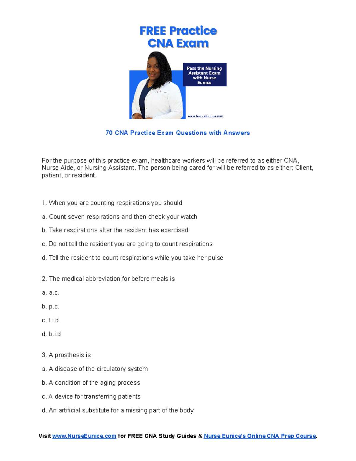 printable cna practice test with answers