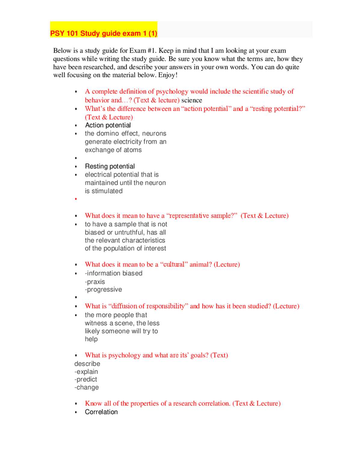 psychology 101 final exam questions and answers