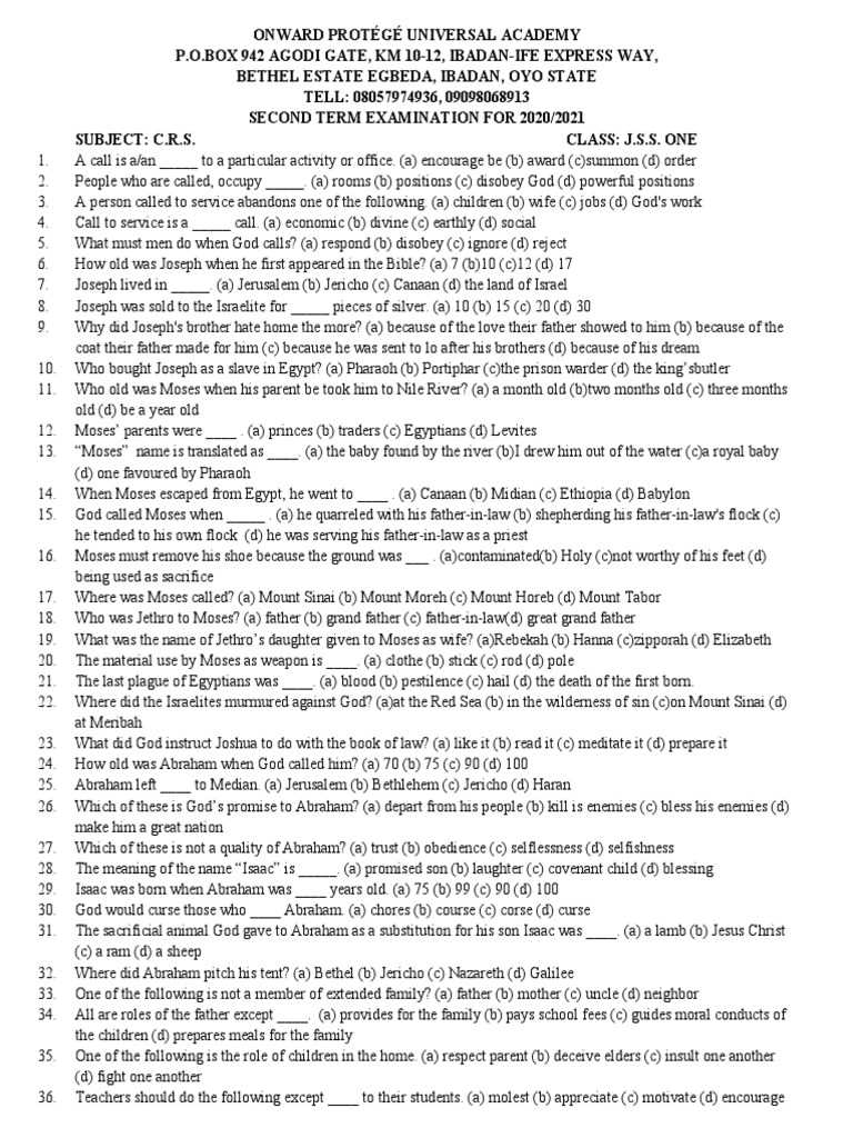 rccg sod year 6 exam questions and answers