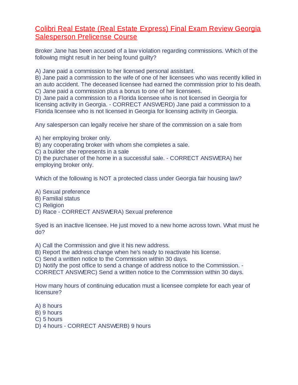 real estate u final exam answers