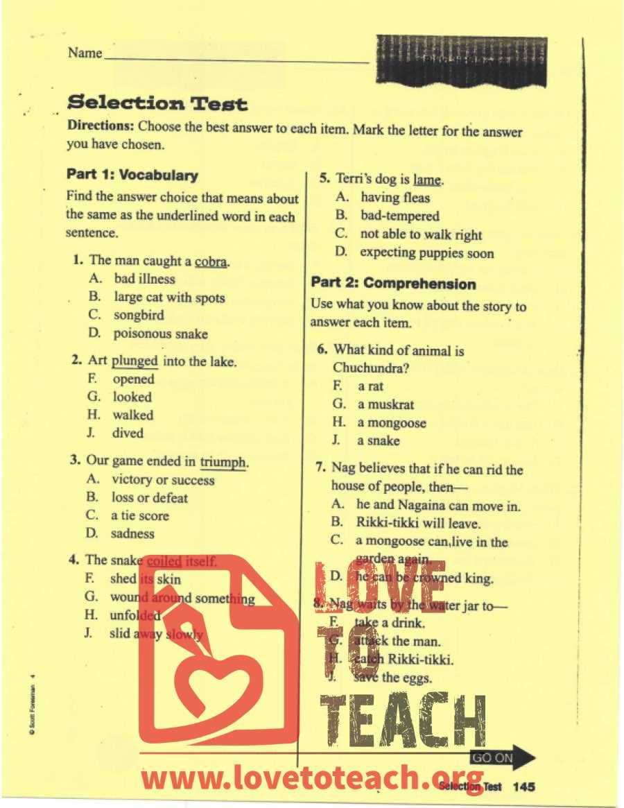 rikki tikki tavi test answer key