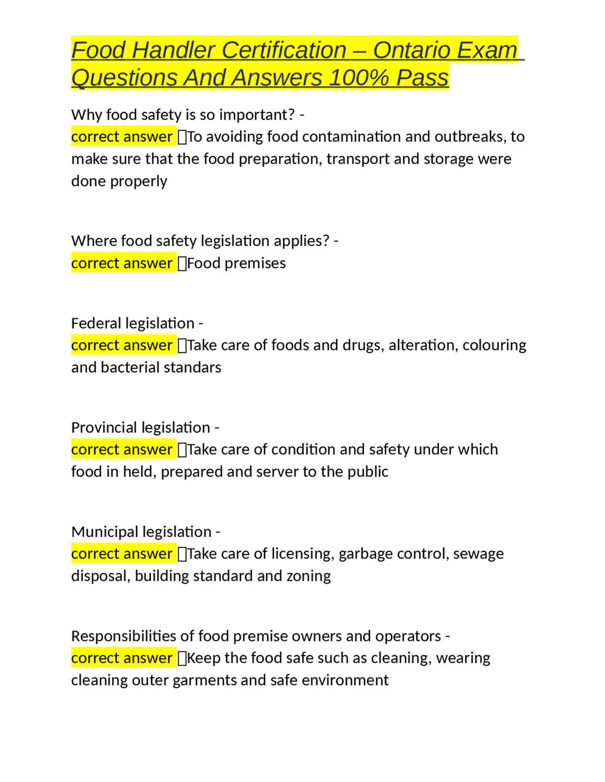 safer food handler exam answers