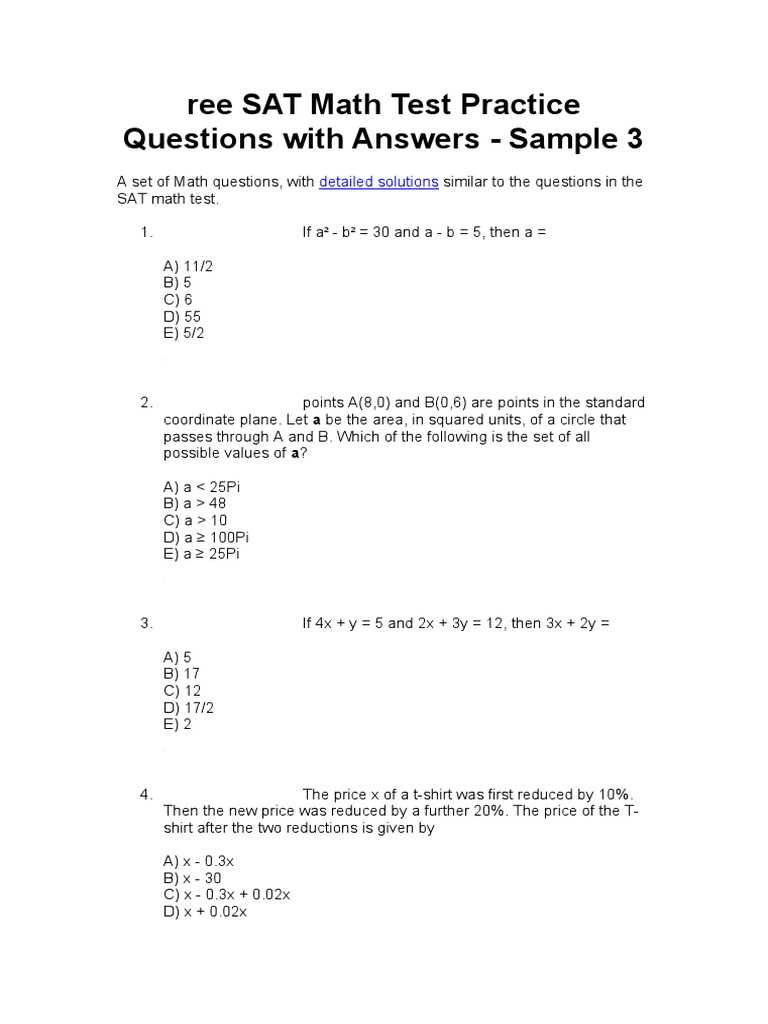 sat math practice test and answers