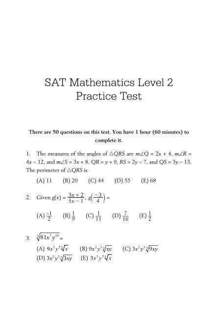 sat mathematics level 2 practice test answers