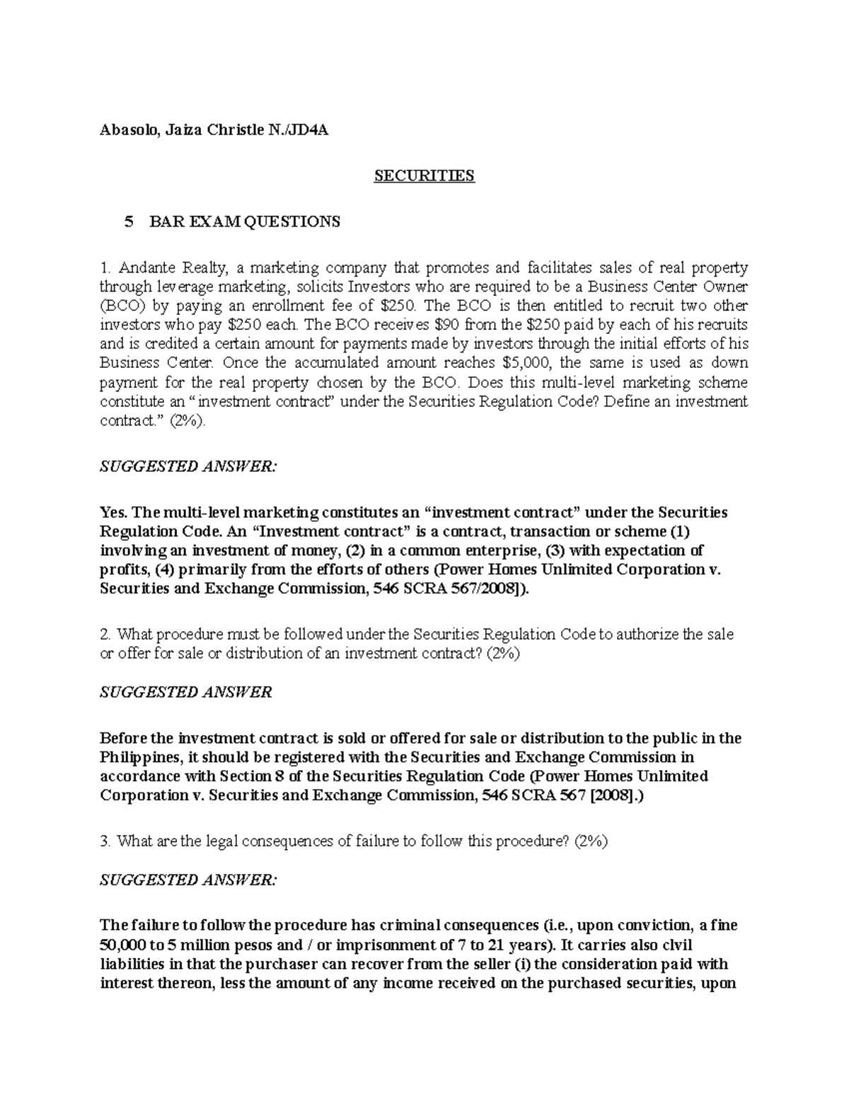 securities regulation exam questions and answers