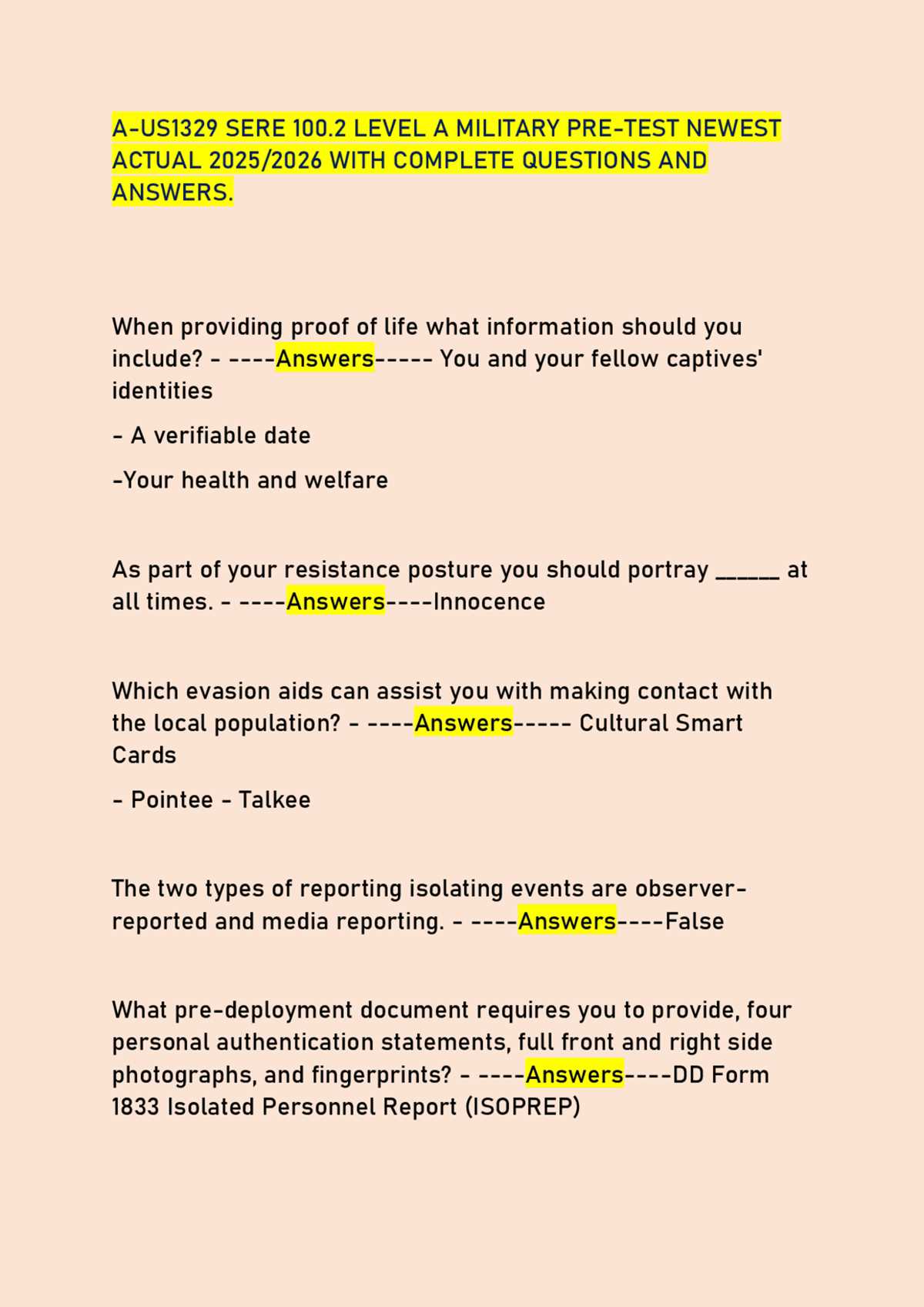 sere training post test answers