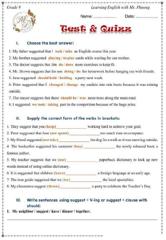 simple english grammar test with answers
