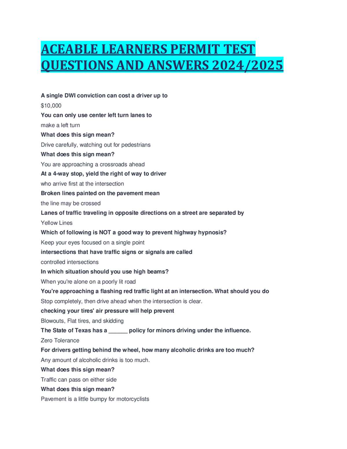 texas drivers ed test answers