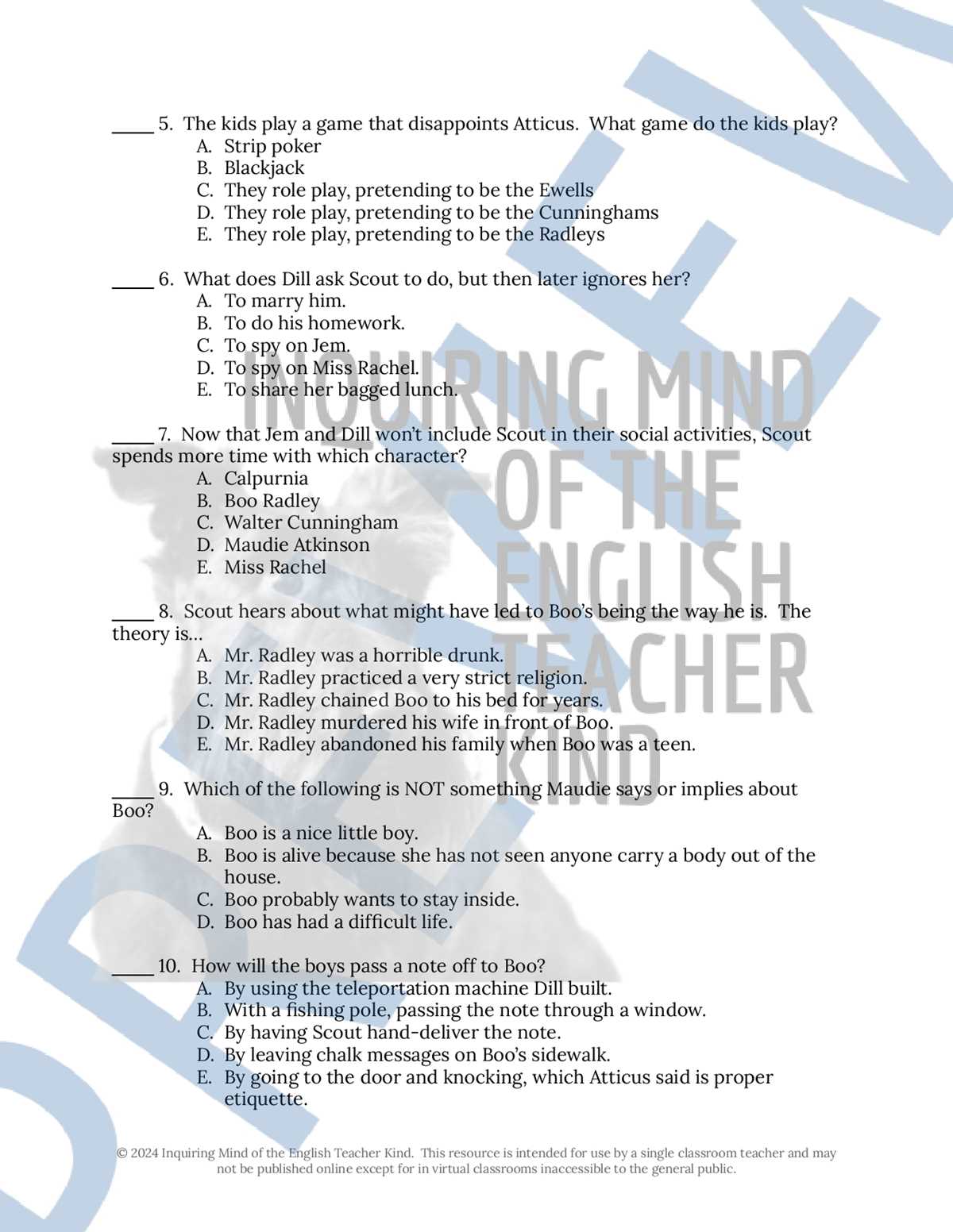 to kill a mockingbird test questions and answers