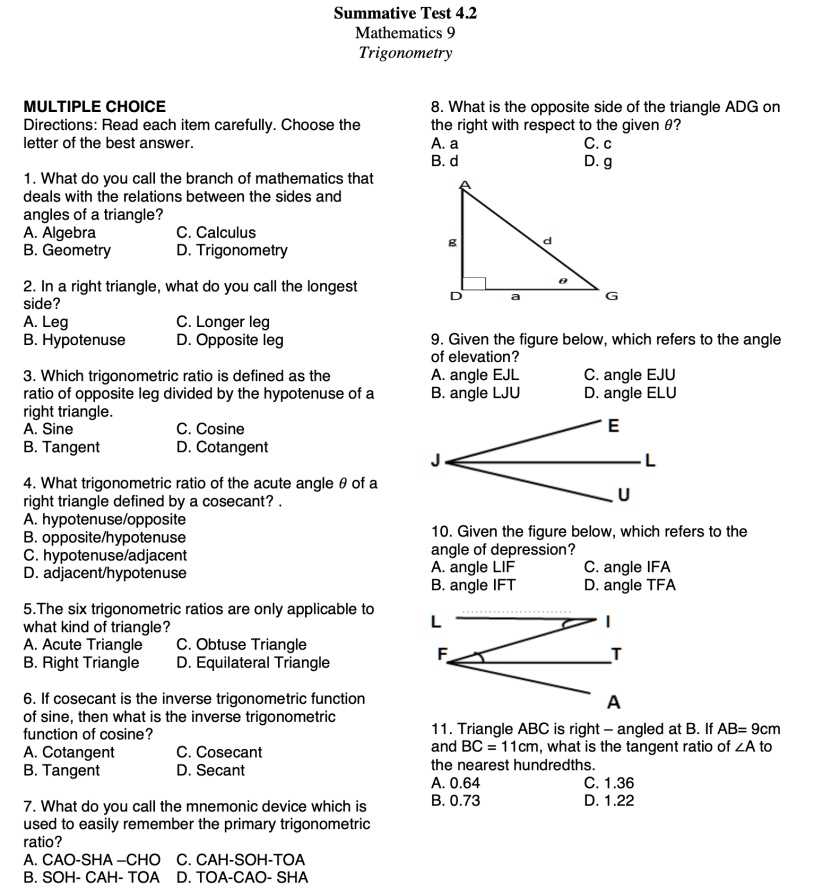 trigonometry final exam multiple choice with answers
