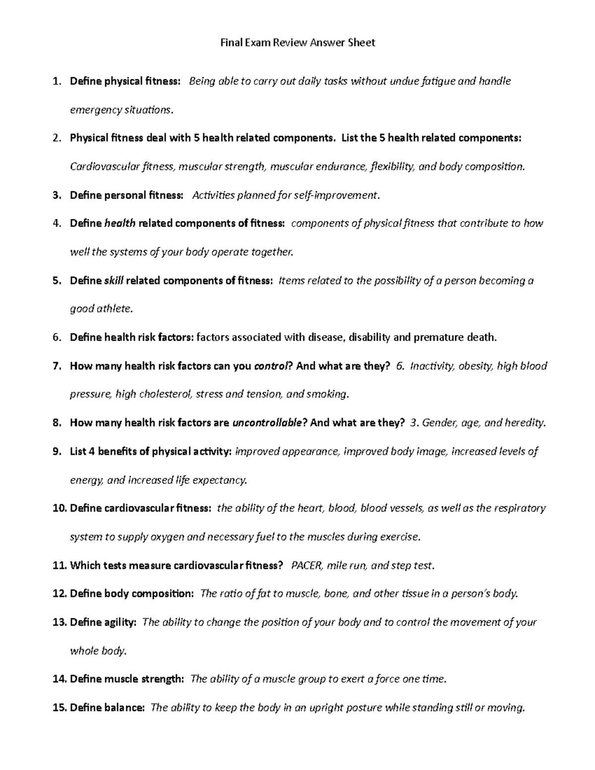 weight training final exam answers