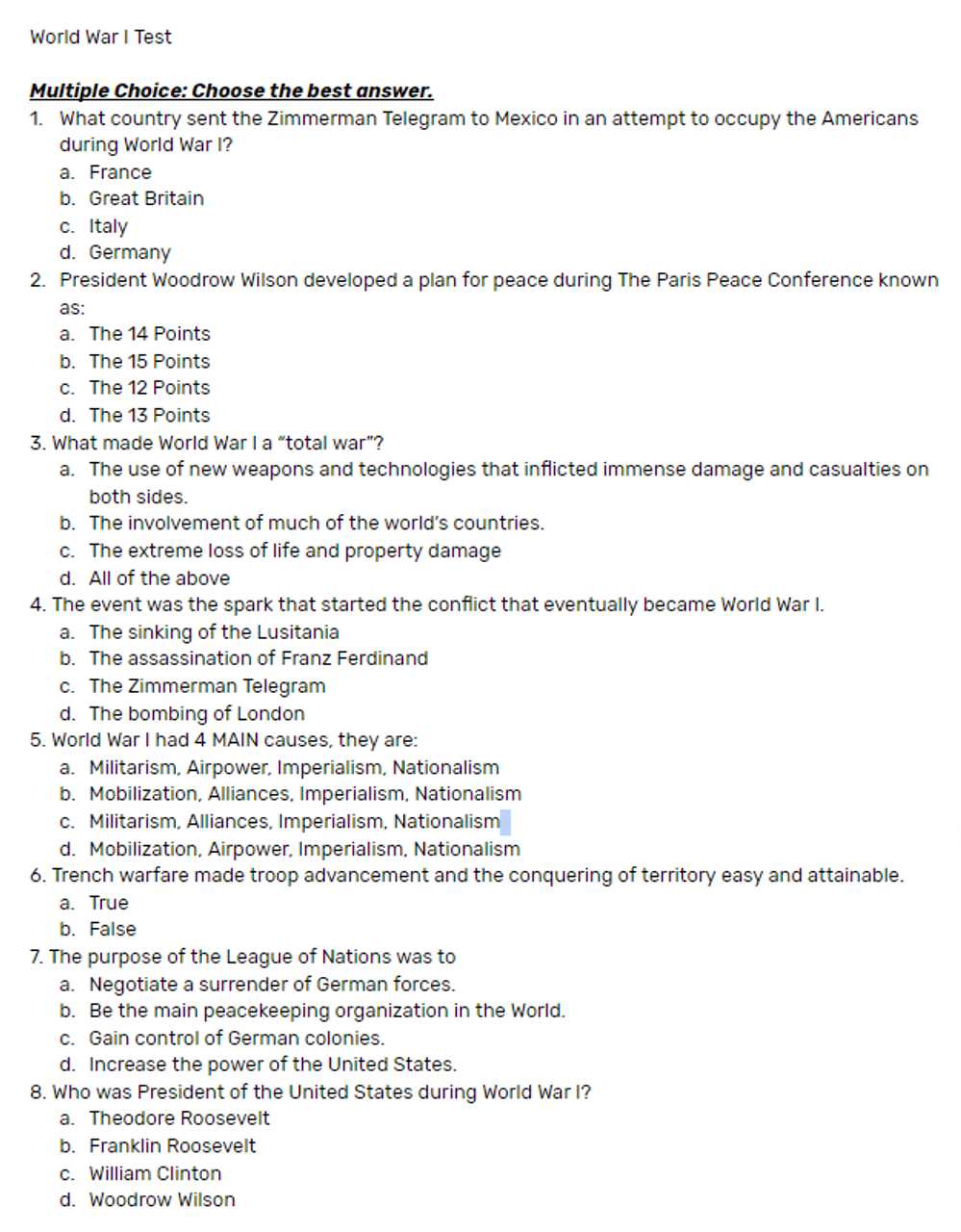 world war 1 test answer key