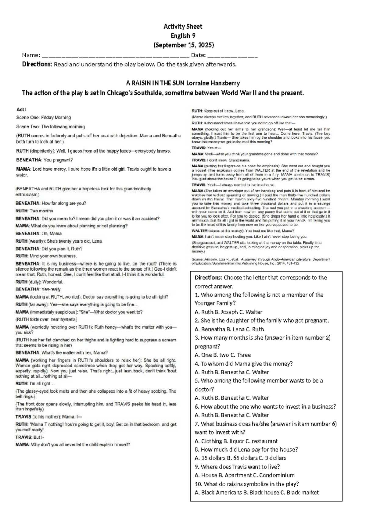 a raisin in the sun unit exam answer key