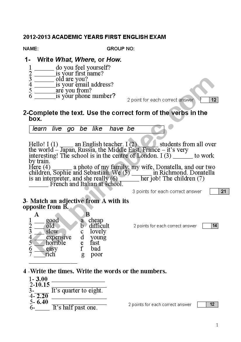 a1 english test with answers